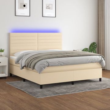 vidaXL Lova su spyruoklėmis/čiužiniu/LED, kreminė, 160x200 cm, audinys
