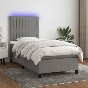 vidaXL Lova su spyruoklėmis/čiužiniu/LED, pilka, 90x200 cm, audinys