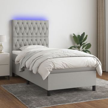 vidaXL Lova su spyruoklėmis/čiužiniu/LED, pilka, 90x200 cm, audinys