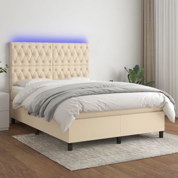 vidaXL Lova su spyruoklėmis/čiužiniu/LED, kreminė, 140x190 cm, audinys