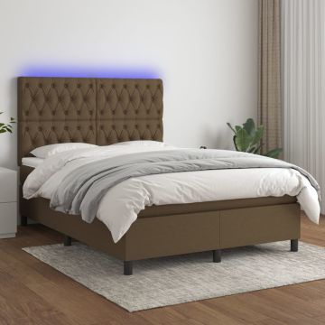 vidaXL Lova su spyruoklėmis/čiužiniu/LED, ruda, 140x200 cm, audinys