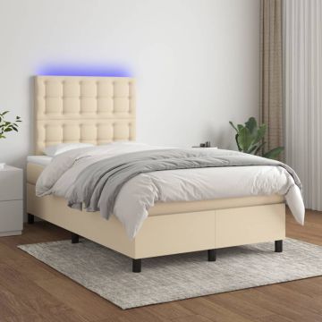 vidaXL Lova su spyruoklėmis/čiužiniu/LED, kreminė, 120x200cm, audinys