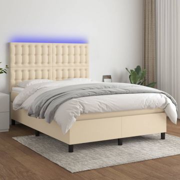 vidaXL Lova su spyruoklėmis/čiužiniu/LED, kreminė, 140x190 cm, audinys