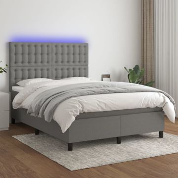 vidaXL Lova su spyruoklėmis/čiužiniu/LED, pilka, 140x200 cm, audinys