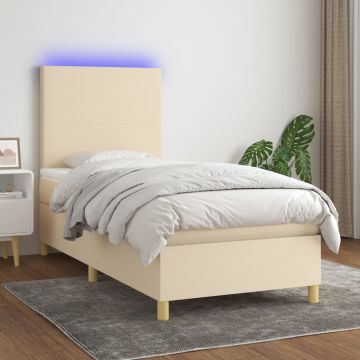 vidaXL Lova su spyruoklėmis/čiužiniu/LED, kreminė, 90x190 cm, audinys