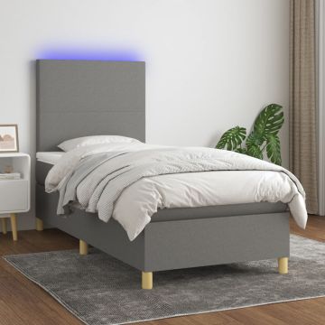 vidaXL Lova su spyruoklėmis/čiužiniu/LED, pilka, 90x200 cm, audinys
