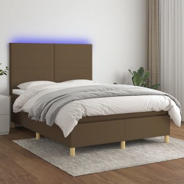 vidaXL Lova su spyruoklėmis/čiužiniu/LED, ruda, 140x190 cm, audinys