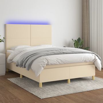 vidaXL Lova su spyruoklėmis/čiužiniu/LED, kreminė, 140x190 cm, audinys