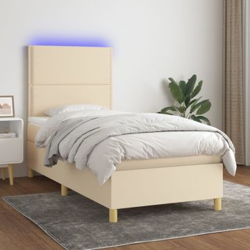 vidaXL Lova su spyruoklėmis/čiužiniu/LED, kreminė, 100x200 cm, audinys
