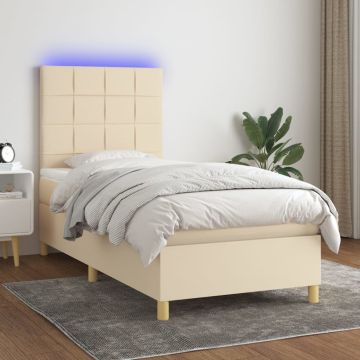 vidaXL Lova su spyruoklėmis/čiužiniu/LED, kreminė, 100x200 cm, audinys