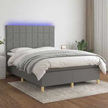vidaXL Lova su spyruoklėmis/čiužiniu/LED, pilka, 140x200 cm, audinys
