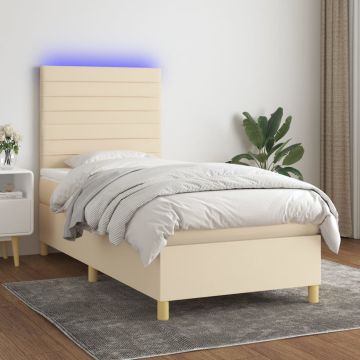 vidaXL Lova su spyruoklėmis/čiužiniu/LED, kreminė, 90x190 cm, audinys