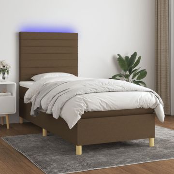 vidaXL Lova su spyruoklėmis/čiužiniu/LED, ruda, 90x200cm, audinys