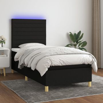vidaXL Lova su spyruoklėmis/čiužiniu/LED, juoda, 100x200 cm, audinys