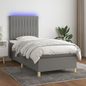 vidaXL Lova su spyruoklėmis/čiužiniu/LED, pilka, 90x190 cm, audinys