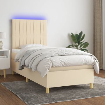 vidaXL Lova su spyruoklėmis/čiužiniu/LED, kreminė, 90x190 cm, audinys