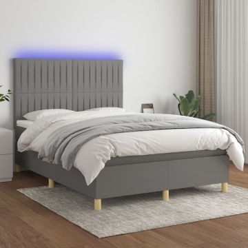 vidaXL Lova su spyruoklėmis/čiužiniu/LED, pilka, 140x190 cm, audinys