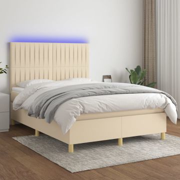 vidaXL Lova su spyruoklėmis/čiužiniu/LED, kreminė, 140x190 cm, audinys