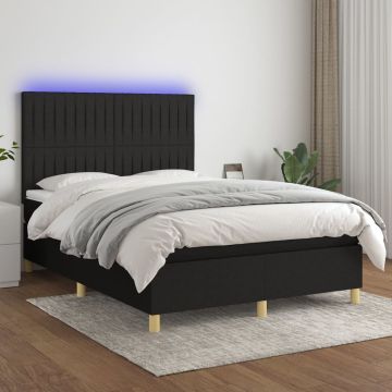 vidaXL Lova su spyruoklėmis/čiužiniu/LED, juoda, 140x200 cm, audinys