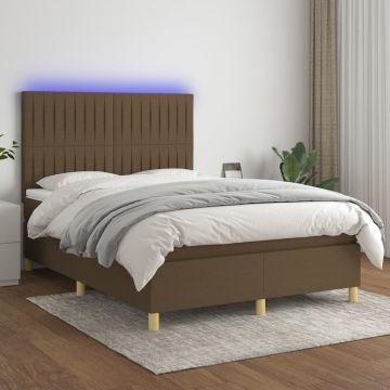 vidaXL Lova su spyruoklėmis/čiužiniu/LED, ruda, 140x200 cm, audinys