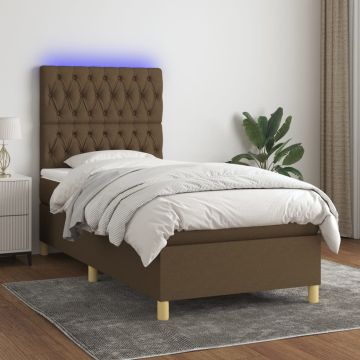 vidaXL Lova su spyruoklėmis/čiužiniu/LED, ruda, 90x190 cm, audinys
