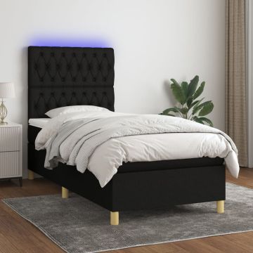 vidaXL Lova su spyruoklėmis/čiužiniu/LED, juoda, 90x200 cm, audinys