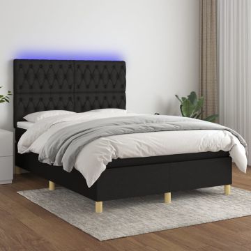vidaXL Lova su spyruoklėmis/čiužiniu/LED, juoda, 140x190 cm, audinys