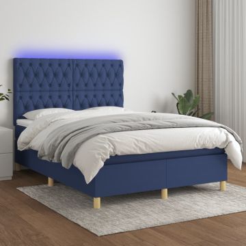 vidaXL Lova su spyruoklėmis/čiužiniu/LED, mėlyna, 140x190 cm, audinys