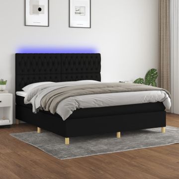vidaXL Lova su spyruoklėmis/čiužiniu/LED, juoda, 160x200 cm, audinys