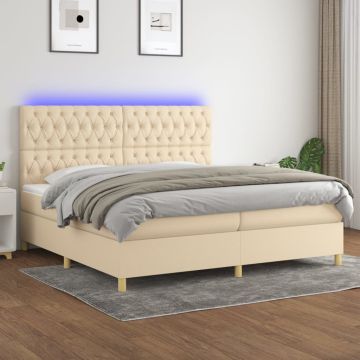 vidaXL Lova su spyruoklėmis/čiužiniu/LED, kreminė, 200x200 cm, audinys