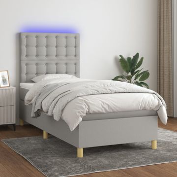 vidaXL Lova su spyruoklėmis/čiužiniu/LED, pilka, 90x190 cm, audinys