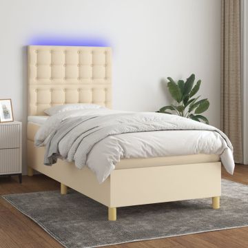 vidaXL Lova su spyruoklėmis/čiužiniu/LED, kreminė, 90x190 cm, audinys