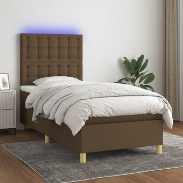 vidaXL Lova su spyruoklėmis/čiužiniu/LED, ruda, 100x200 cm, audinys