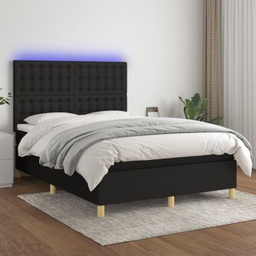 vidaXL Lova su spyruoklėmis/čiužiniu/LED, juoda, 140x200 cm, audinys
