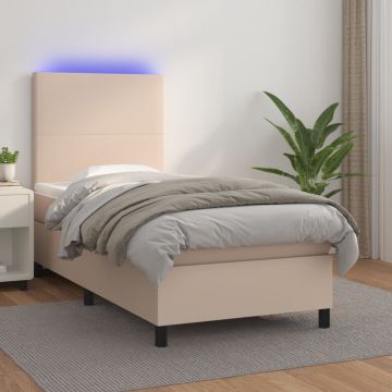 vidaXL Lova su spyruoklėmis/čiužiniu/LED, kapučino, 90x200 cm dirbtinė