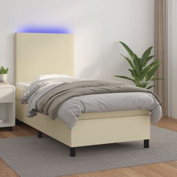vidaXL Lova su spyruoklėmis ir čiužiniu/LED, kreminė, 100x200 cm