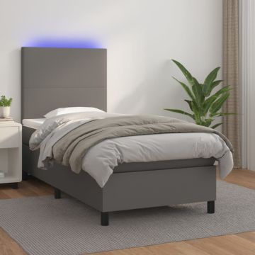 vidaXL Lova su spyruoklėmis/čiužiniu/LED, pilka 100x200cm dirbtinė oda