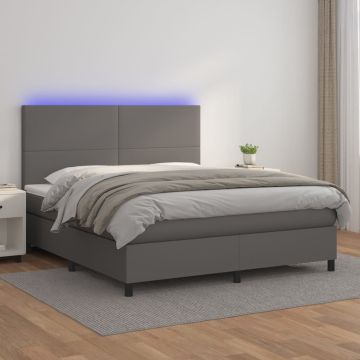 vidaXL Lova su spyruoklėmis/čiužiniu/LED, pilka 160x200cm dirbtinė oda