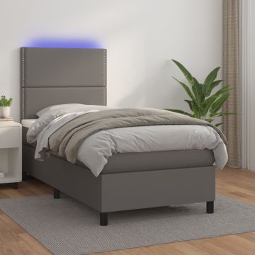 vidaXL Lova su spyruoklėmis/čiužiniu/LED, pilka 100x200cm dirbtinė oda