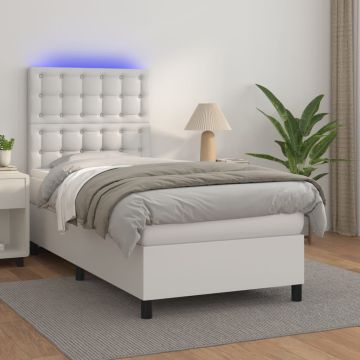 vidaXL Lova su spyruoklėmis/čiužiniu/LED, balta 100x200cm dirbtinė oda
