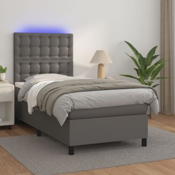 vidaXL Lova su spyruoklėmis/čiužiniu/LED, pilka 100x200cm dirbtinė oda