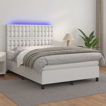 vidaXL Lova su spyruoklėmis/čiužiniu/LED, balta 140x190cm dirbtinė oda