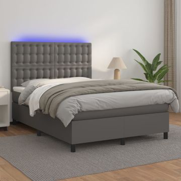 vidaXL Lova su spyruoklėmis/čiužiniu/LED, pilka 140x200cm dirbtinė oda