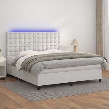 vidaXL Lova su spyruoklėmis/čiužiniu/LED, balta 160x200cm dirbtinė oda
