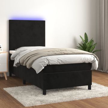 vidaXL Lova su spyruoklėmis/čiužiniu/LED, juoda, 90x190cm, aksomas