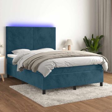 vidaXL Lova su spyruoklėmis/čiužiniu/LED, mėlyna, 140x190cm, aksomas