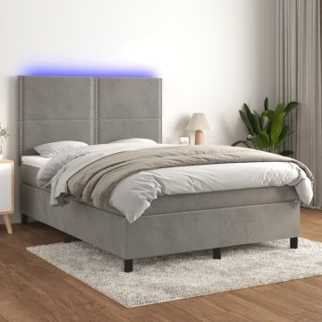 vidaXL Lova su spyruoklėmis/čiužiniu/LED, pilka, 140x200cm, aksomas