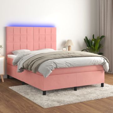 vidaXL Lova su spyruoklėmis/čiužiniu/LED, rožinė, 140x190cm, aksomas