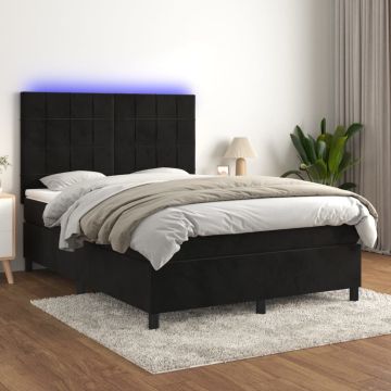 vidaXL Lova su spyruoklėmis/čiužiniu/LED, juoda, 140x200cm, aksomas