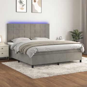 vidaXL Lova su spyruoklėmis/čiužiniu/LED, pilka, 160x200cm, aksomas